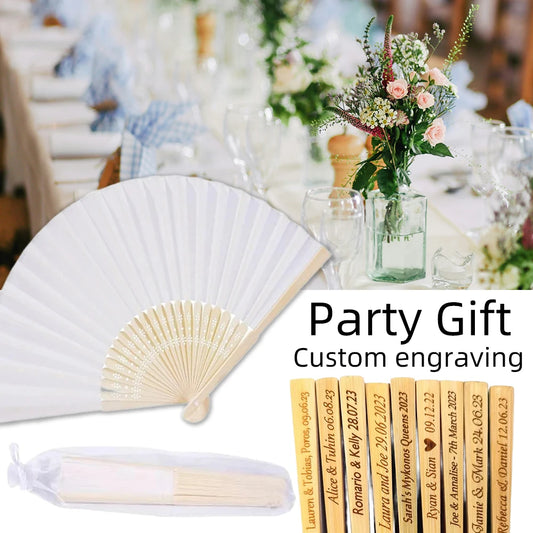 10–90pcs Personalized Engraved White Folding Silk Hand Fans – Elegant Wedding Party Supplies with Organza Gift Bags