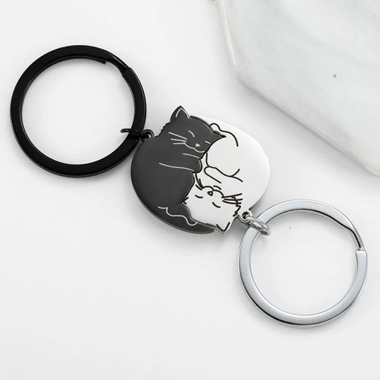 Black Cat Matching Couples Keychain – Stainless Steel Puzzle Keyring