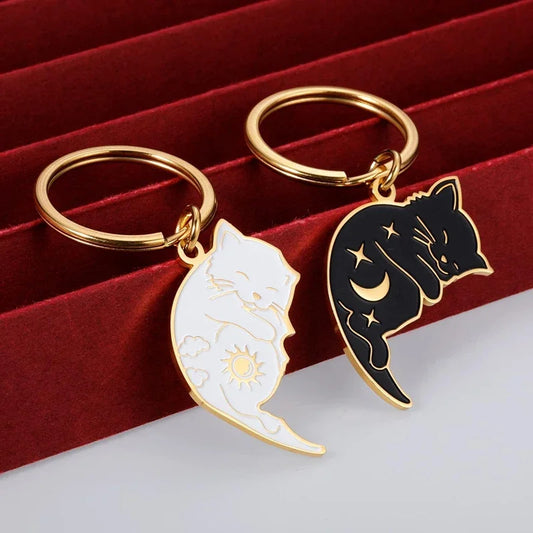 Stainless Steel Cartoon Cat Keychain – Matching Couple Key Rings for Valentine’s or Friendship Gifts