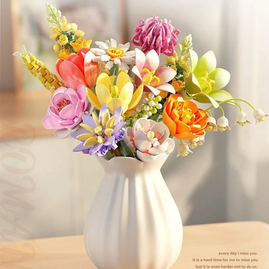 MOC Eternal Artificial Flower Bouquet – Sunflower, Rose & Tulip Building Blocks Set