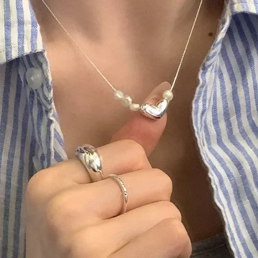 925 Silver Love Heart Pearl Necklace – Elegant & Versatile Jewelry Gift for Women