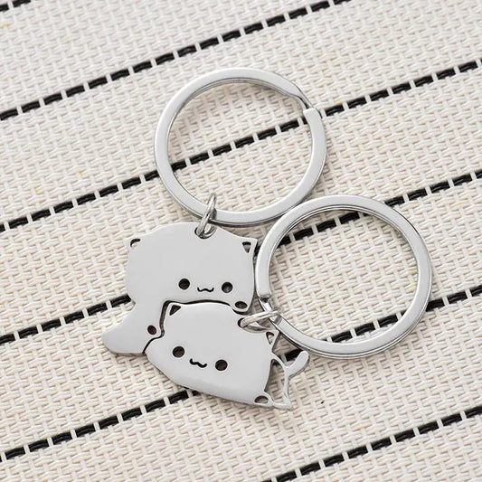 Stainless Steel Cartoon Cat Keychain – Matching Couple Key Rings for Valentine’s or Friendship Gifts