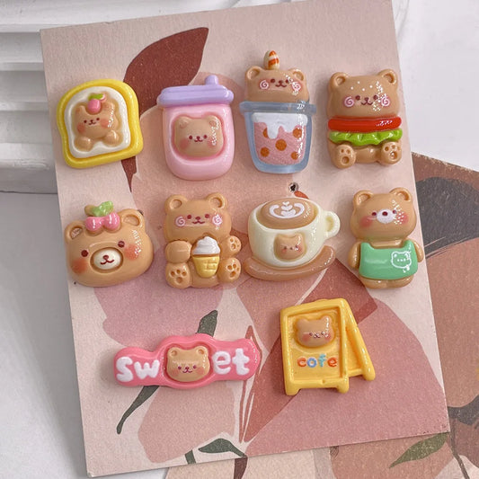 10pcs Kawaii Cartoon Milk Tea Coffee Cake Bear Flatbacks – Hair Embellishments for DIY Bows &amp; Wedding Hairpin Accessories
