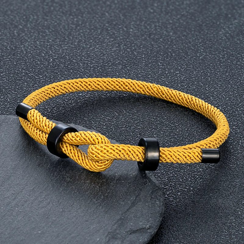 MKENDN Adjustable Knot Rope Bracelet – Black Stainless Steel Charm Bangle for Men