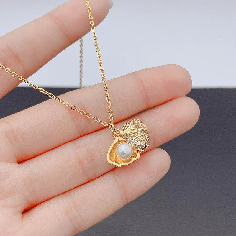 Summer Crystal Zircon Shell & Imitation Pearl Pendant Necklace – Beach Collar Jewelry for Women - Image 3