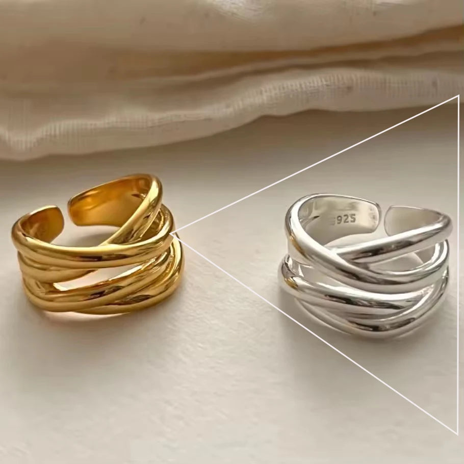 VENTFILLE 925 Sterling Silver Wave Ring – Irregular Golden Stackable Adjustable Ring for Women - Image 40