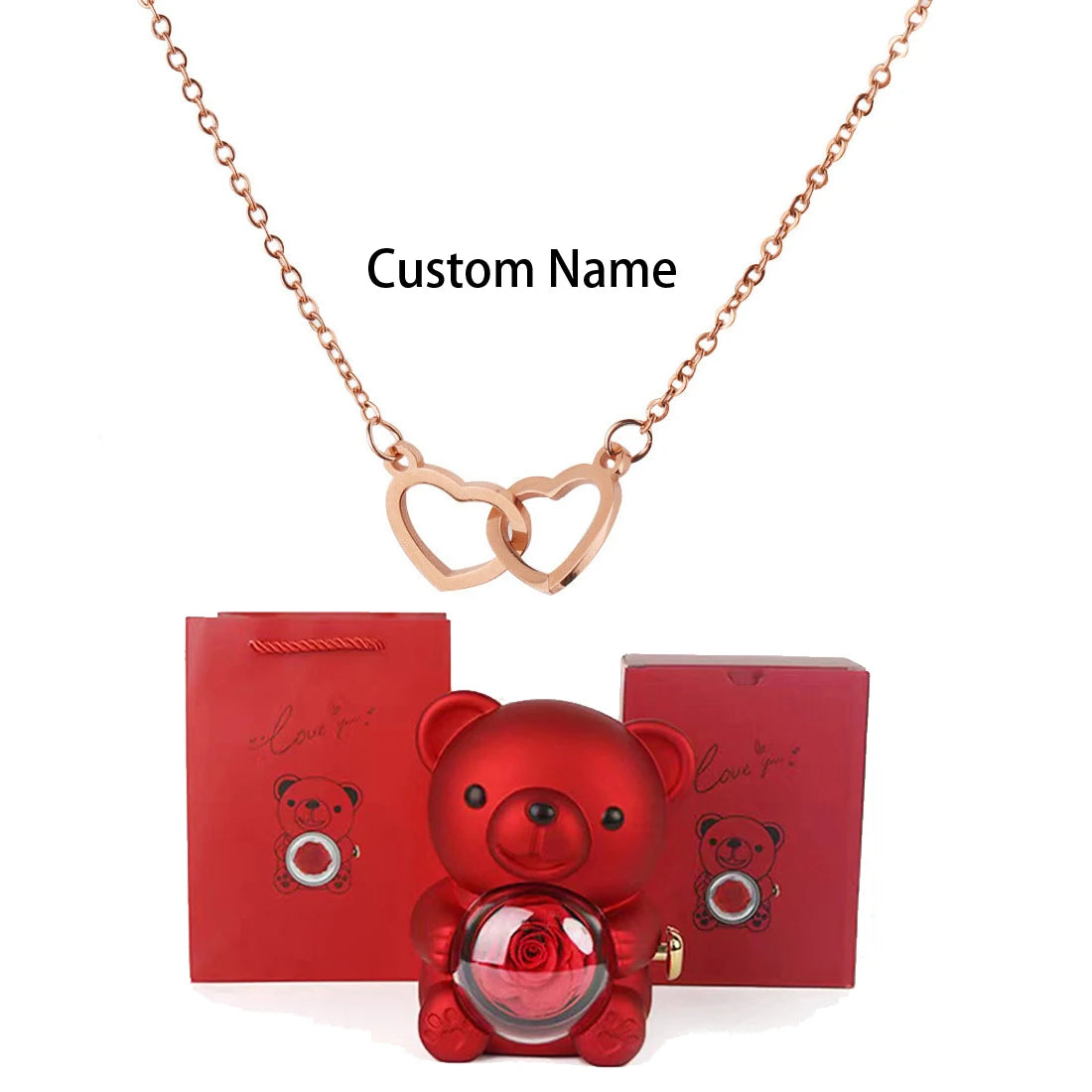 Custom Text Double Heart Eternal Necklace – With Luxury Bear & Rose Gift Box - Image 14
