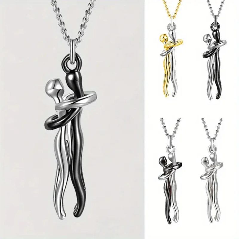 Chic Black Hug Pendant Necklace for Couples