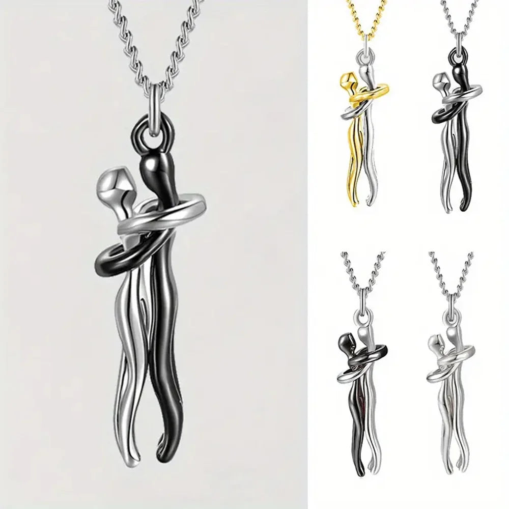 Chic Black Hug Pendant Necklace for Couples
