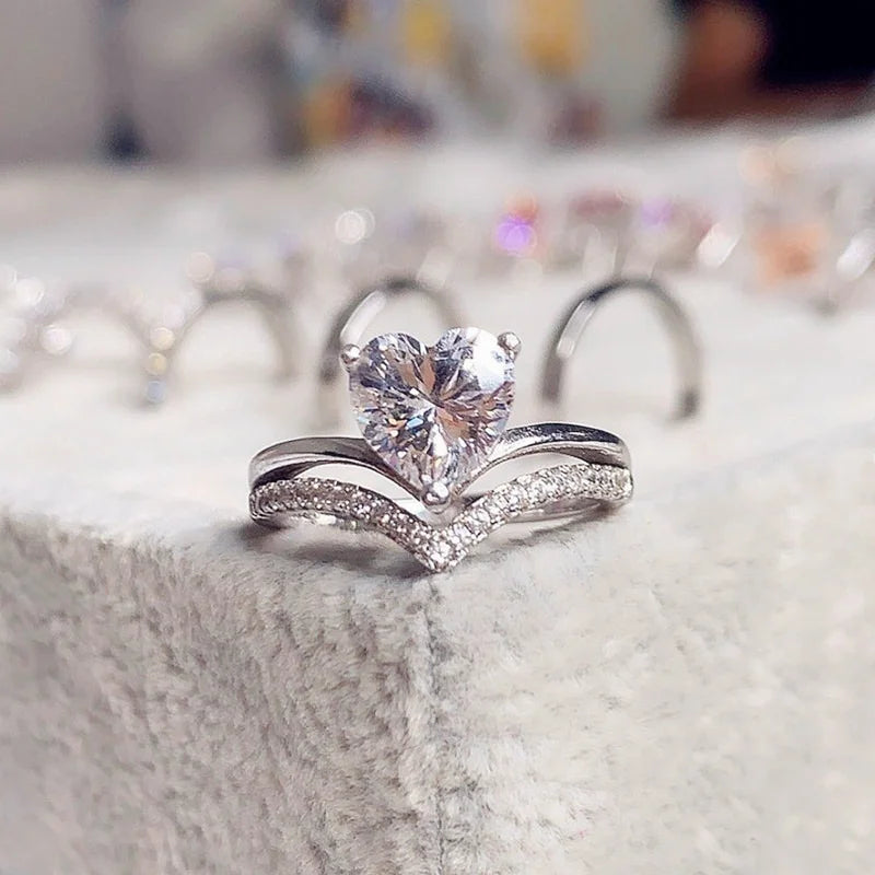 Delicate Silver Color Heart Rings with White Zircon Stones - Image 2