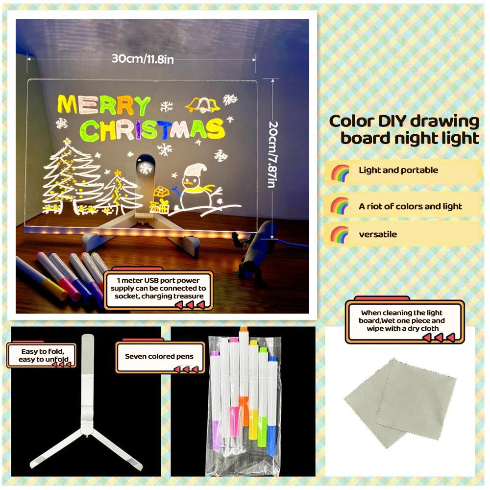 LED Note Board with Night Light – DIY Acrylic Message & Drawing Board for Kids with 7 Colorful Pens - Image 5