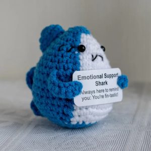 Funny Crochet Positive Energy Shark Doll with Card – Handmade Knitted Flower Bee Ornament