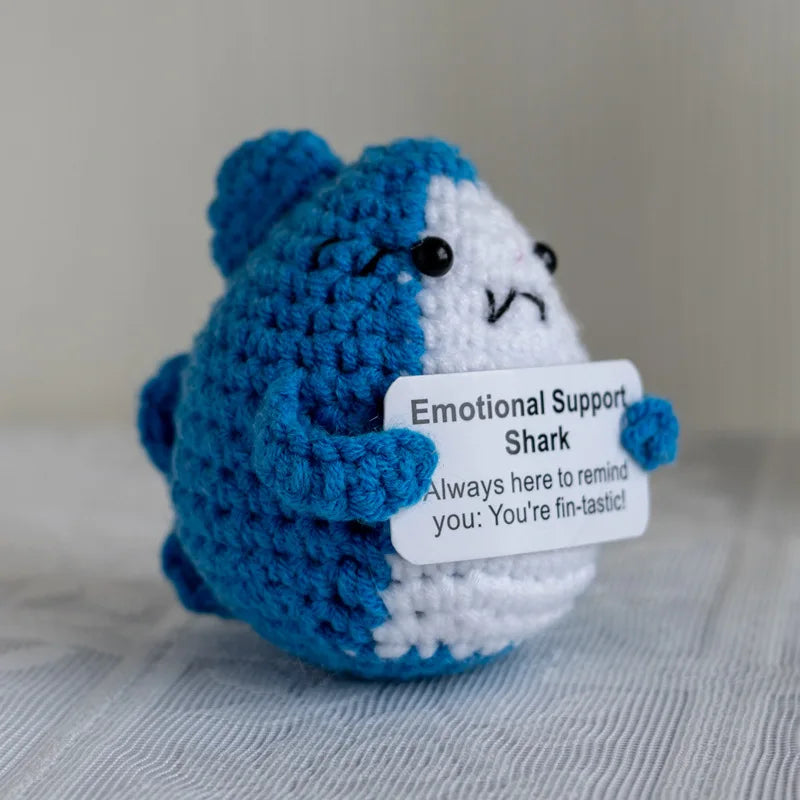 Funny Crochet Positive Energy Shark Doll with Card – Handmade Knitted Flower Bee Ornament