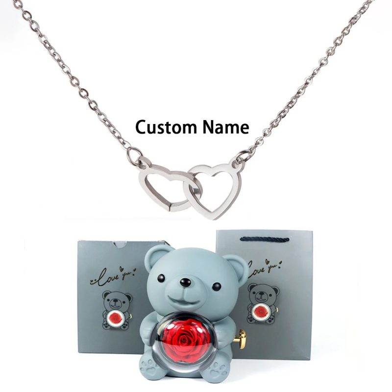 Custom Text Double Heart Eternal Necklace – With Luxury Bear & Rose Gift Box - Image 17