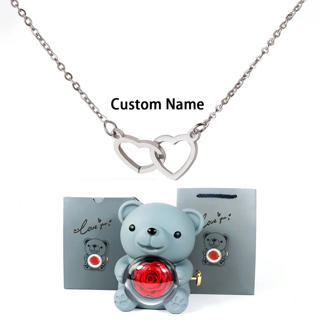 Custom Text Double Heart Eternal Necklace – With Luxury Bear & Rose Gift Box - Image 17
