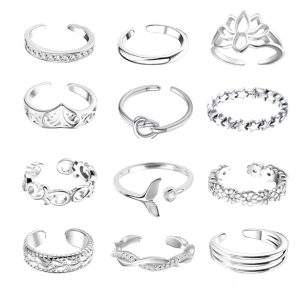 12Pcs Adjustable Foot Ring Set – Rose Gold/Silver/Gold Open Toe Rings for Women