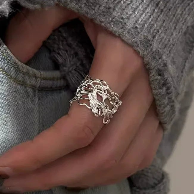 VENTFILLE 925 Sterling Silver Wave Ring – Irregular Golden Stackable Adjustable Ring for Women - Image 62