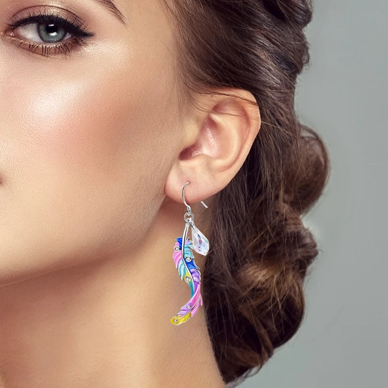 Original 925 Sterling Silver Colored Feather Earrings – 2025 Zircon Hoop Studs for Women - Image 3