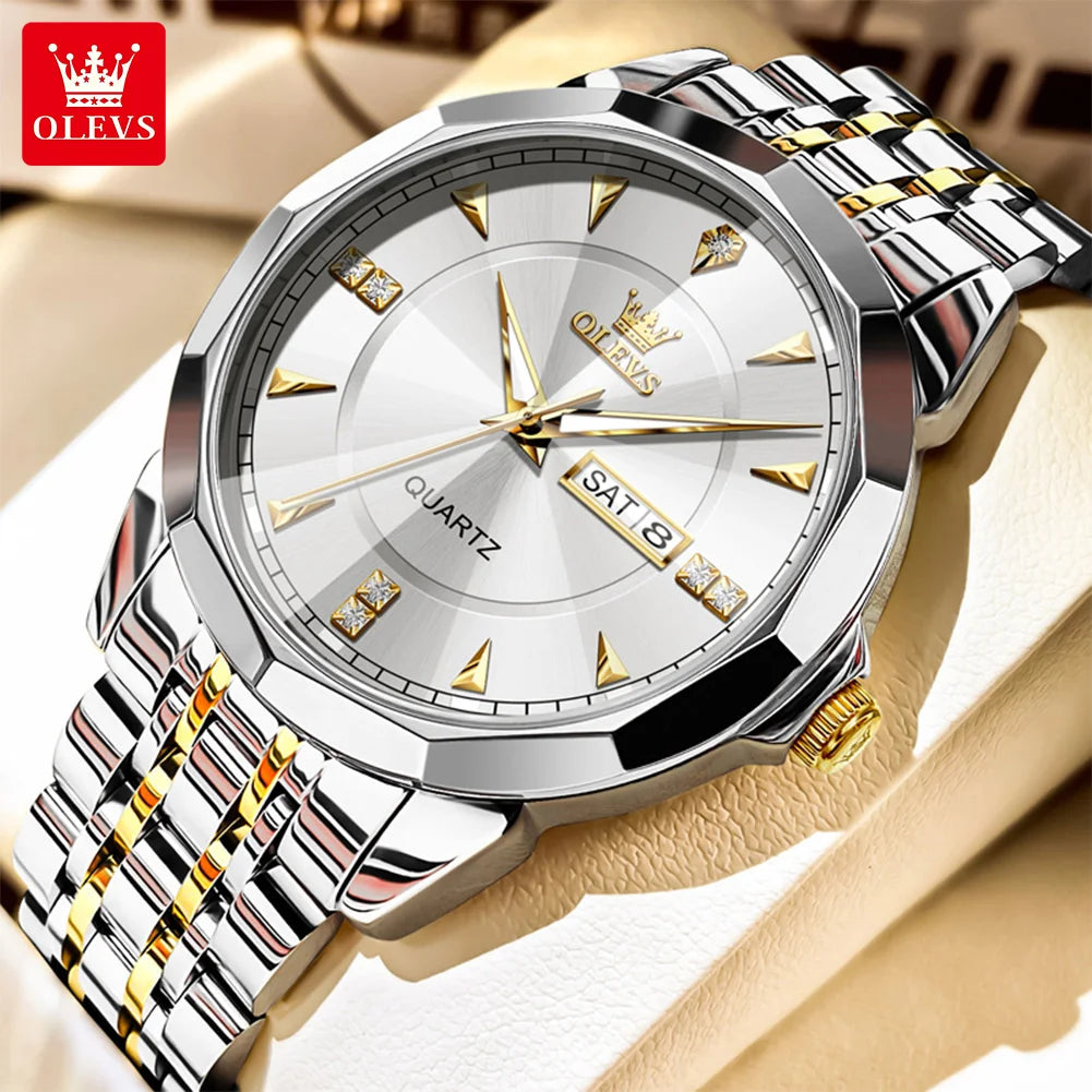OLEVS 9977 Men's Rhombus Mirror Quartz Watch – Waterproof Luminous Stainless Steel Timepiece - Image 9