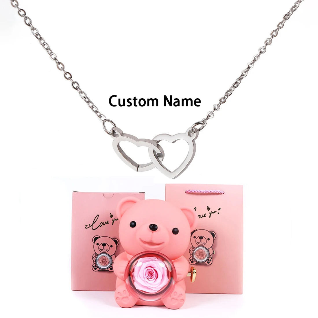 Custom Text Double Heart Eternal Necklace – With Luxury Bear & Rose Gift Box - Image 24