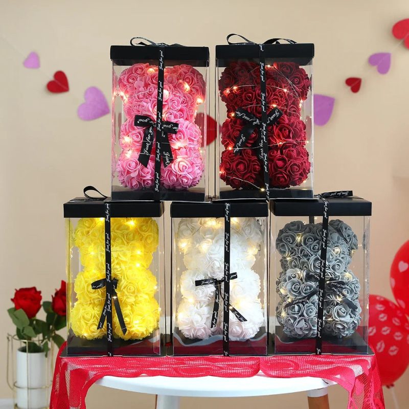 Artificial Teddy Rose Flower Bear with Box - Image 3