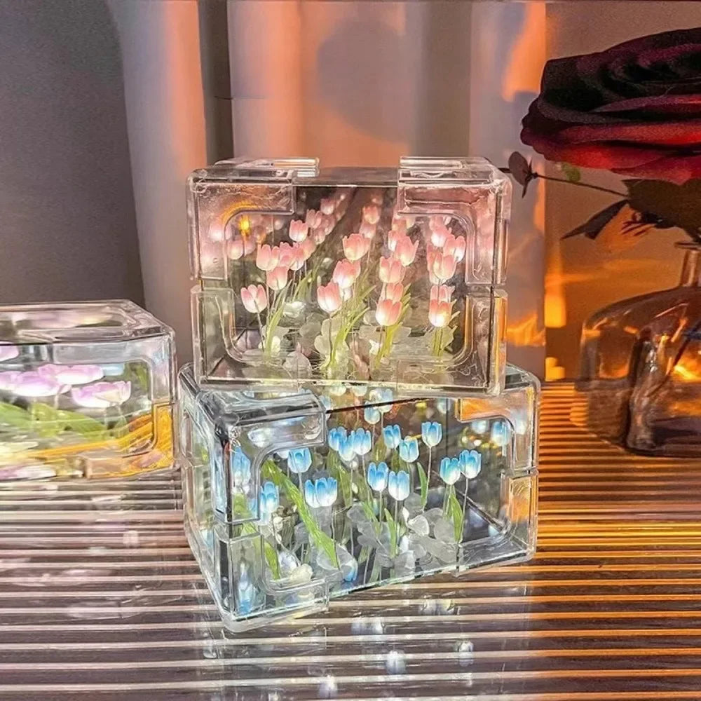Creative DIY Tulip Flower Sea Cube Night Lamp – 3D Craft Kit Gift for Girlfriend or Couples - Image 2